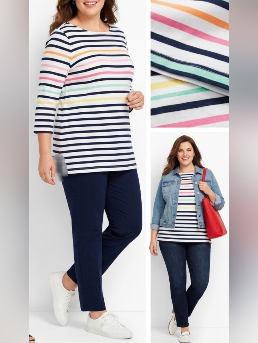 Talbots Plus Size Stretch Cotton Striped Multi-Color Crewneck Top 3/4 Sleeve 2X